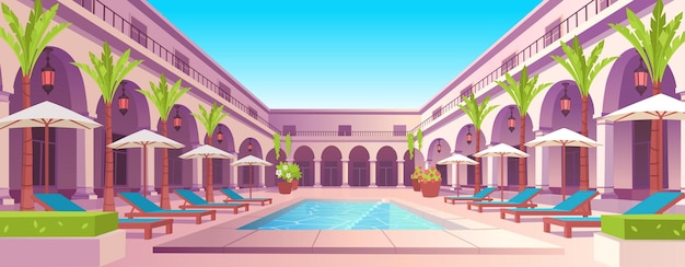 Vacation Hotel with swimming pool and garden sunbeds and umbrellas Vector illustration