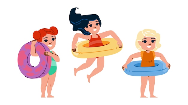 vacation kid girl inflatable ring vector swim happy beach child blue s vacation kid girl inflatable ring character people flat cartoon illustration