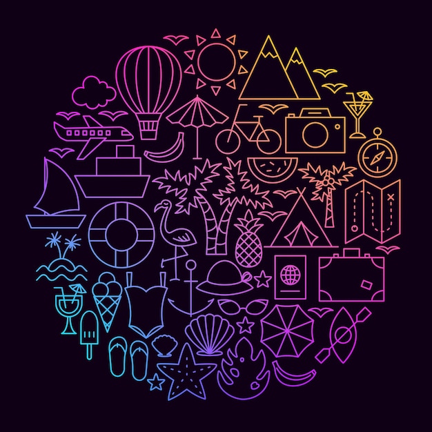 Vacation Line Icon Circle Concept. Vector Illustration of Travel Objects.