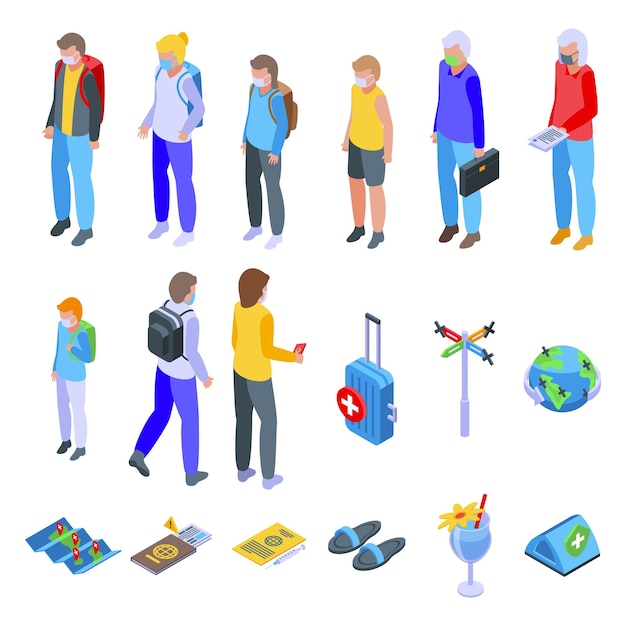 Vacation in mask icons set isometric vector Road activity