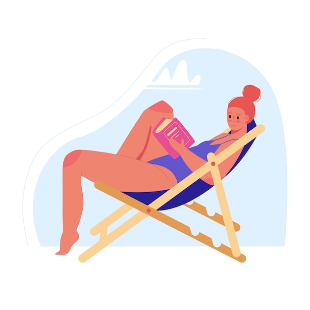 Vacation mood feminine concept illustration beautiful women in different situations on the beach sitting near the pool reading books Flat style vector design