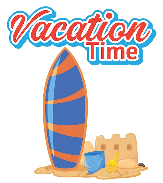 Vector vacation time with surfboard on the beach