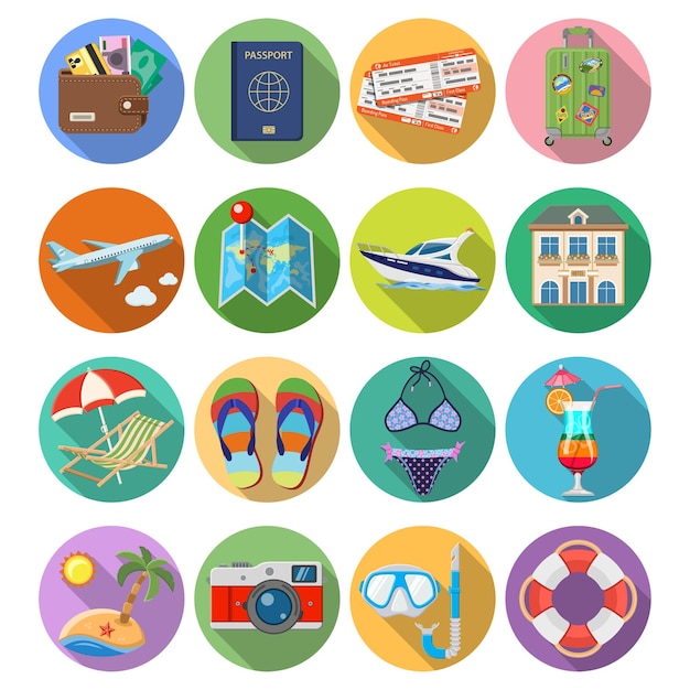 Vacation and Tourism Flat Icons Set with Long Shadow on Circle