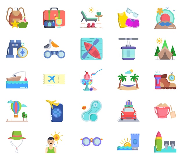 Vacation and Travel, summer holiday trip icon set