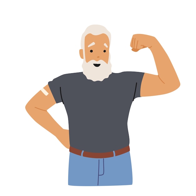 Vaccinated Old Positive Senior with Patch on Shoulder Demonstrate Power Show Muscles Isolated on White Background