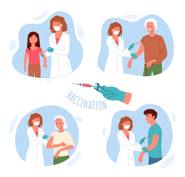 Vector vaccination. cartoon nurse or doctor character holding syringe, doing antiviral injection with vaccine drug to kid, old or young people for immunity