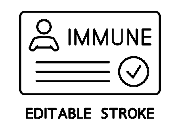 Vaccination certificate against covid-19 with check mark, medical card or passport for travel in time pandemic. Immune card. Immunization concept. Editable stroke. Vector outline icon