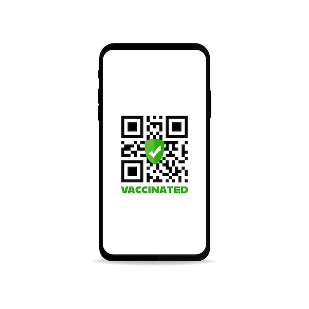 Vaccination certificate on smartphone screen. Vaccination qr code on phone screen. Coronavirus vaccination certificate. Vaccination digital certificate. Illustration with green vaccination qr code.