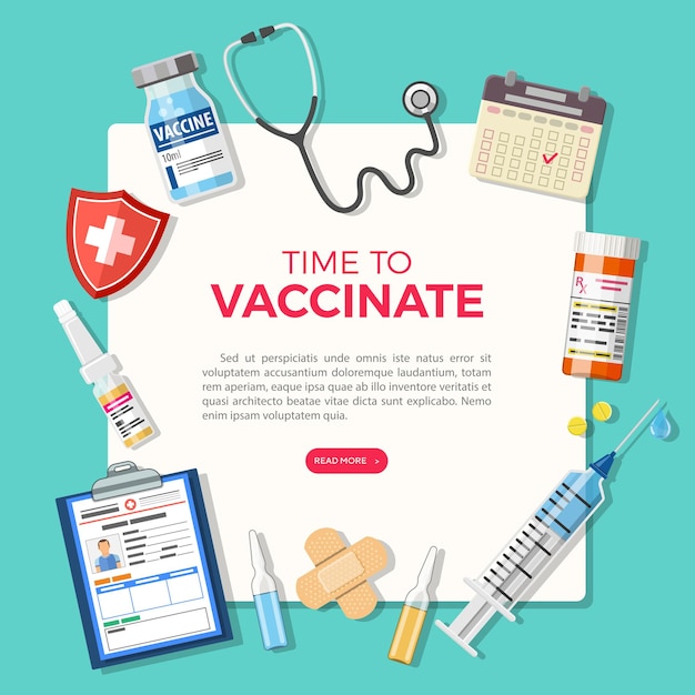 Vaccination concept banner. time to vaccinate medical document with syringe, vaccine bottle, patient medical card. flat style icon. vector illustration