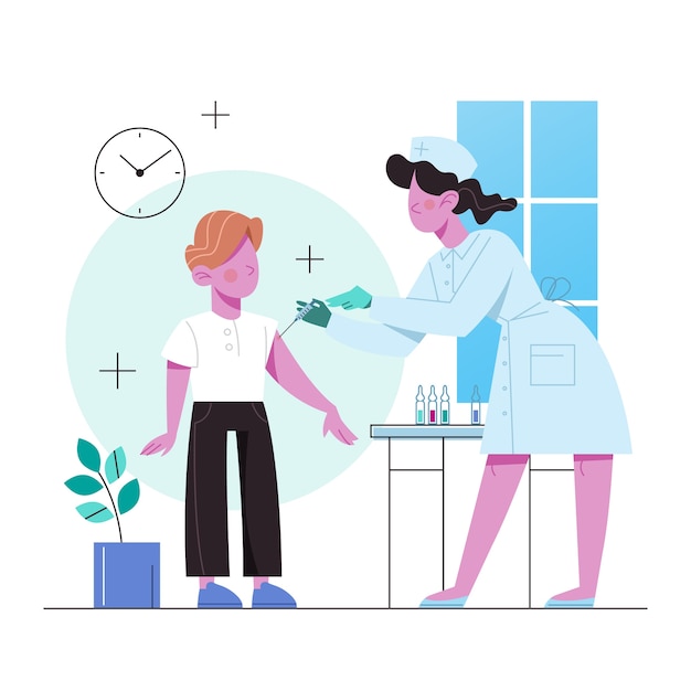 Vaccination concept. Boy having a vaccine injection. Idea of vaccine injection for protection from disease. Medical treatment and healthcare. Immunization metaphor.   illustration