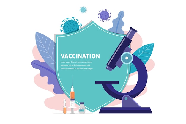 Vaccination concept design. Time to vaccinate banner - microscope and syringe with vaccine for COVID