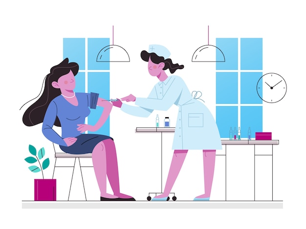 Vaccination concept. Woman having a vaccine injection. Idea of vaccine injection for protection from disease. Medical treatment and healthcare. Immunization metaphor.   illustration