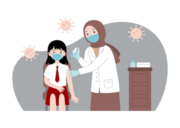 Vaccination of elementary students with doctor flat illustration 