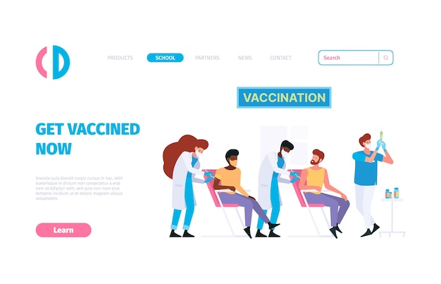 Vaccination landing Medical treatment prevention covid nurse making vaccine garish vector flat pictures for business pages