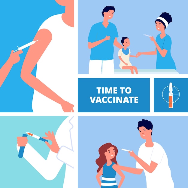 Vector vaccination time to vaccinate innovation vaccine for adults and children healthcare antivirus prevention doctors and patients vector concept