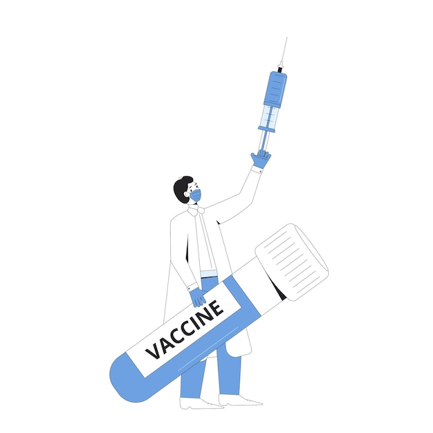 Vector vaccination virus injection syringe doctor with flask and syringe vector line art illustration