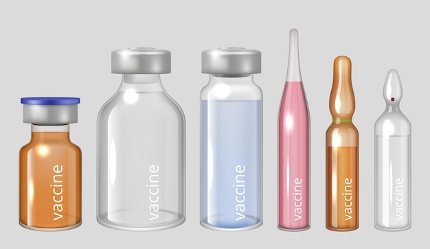 Vaccine ampules Medical liquid drugs pharmaceutical injection in transparent glass ampules decent vector realistic illustrations