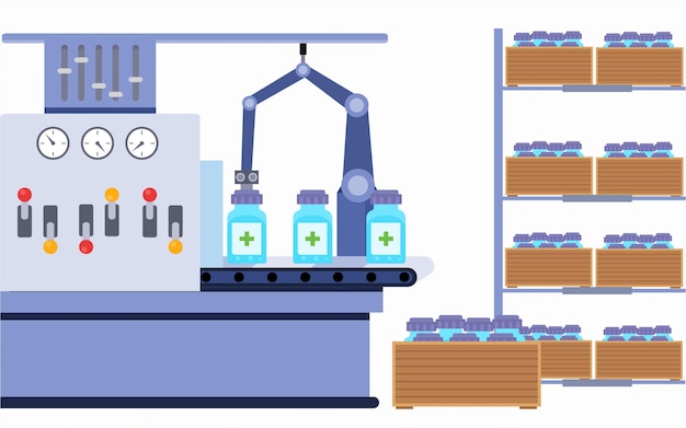 Vaccine conveyor line machine and rack full of medicine bottle to supply. medicine production.