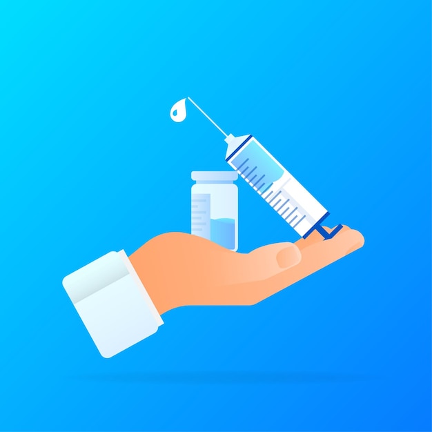 Vaccine COVID19 vector icon Syringe and blue vaccine vial Vector illustration