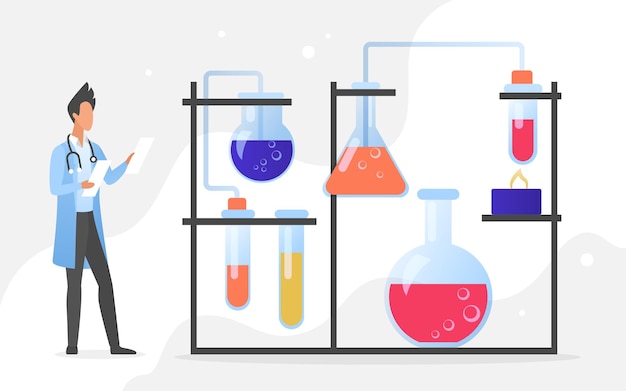 Vaccine development in scientific laboratory, medicine science healthcare technology. Cartoon man medical worker develops vaccine medication with lab equipment