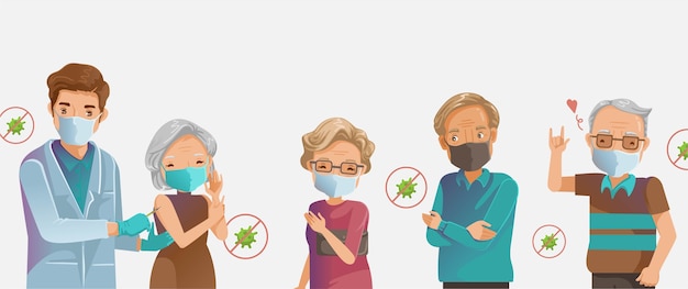 Vaccine elderly. Flu and COVID-19 vaccine. Elderly mask group inject. Doctor holds an injection vaccination old woman.