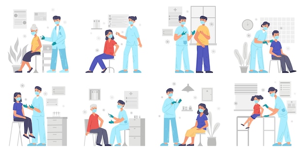 Vaccine immunisation medical scenes people get vaccinated Senior adults and kids at doctors examination vector illustration set Doctor with syringe vaccinates people Prevention viruses