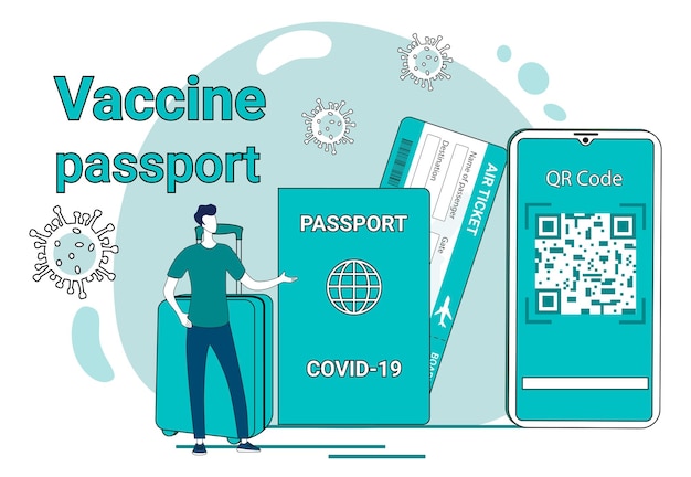 Vaccine passport and QR code People with a passport and a suitcase on the background of vaccines