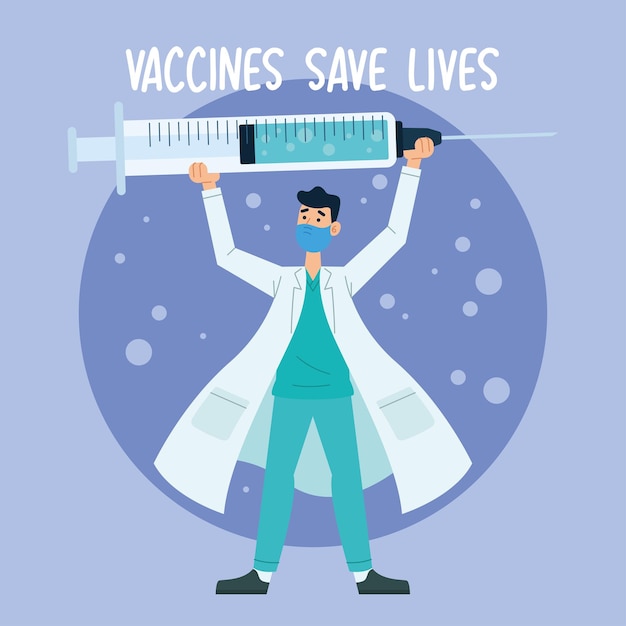 Vaccine save lives poster Doctor holding a syringe Vector illustration