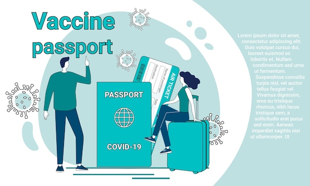 Vaccines passport and travel A man woman with a passport a car and a suitcase on the background