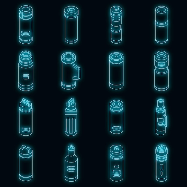 Vacuum insulated water bottle icons set vector neon