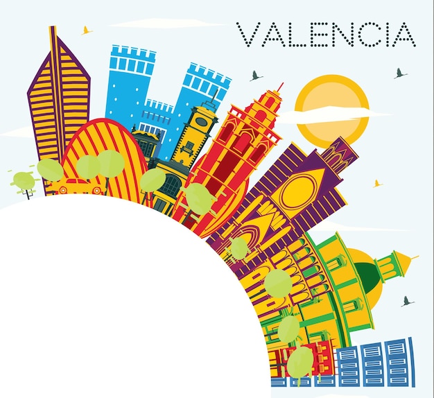 Valencia Spain City Skyline with Color Buildings, Blue Sky and Copy Space. Illustration