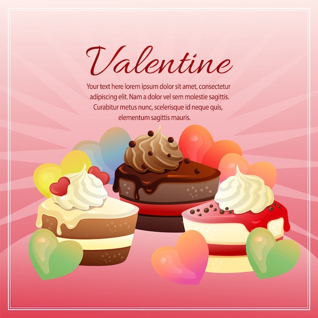 Valentine card with love shape and chocolate cake