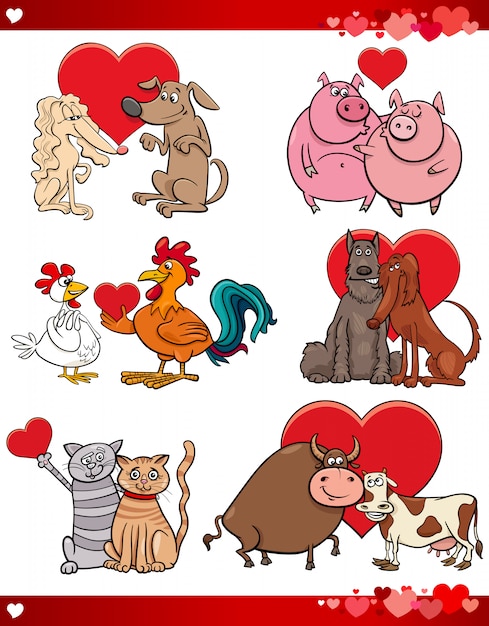 Valentine cartoon illustration love set with animals