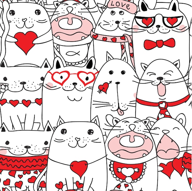  Valentine cats with hearts background in doodle hand drawn style