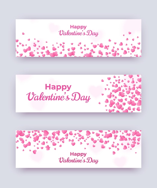 Valentine day banner set. White love coupons with pink hearts and happy text. Vector horizontal women day illustration, wedding card, gift coupon, voucher template.