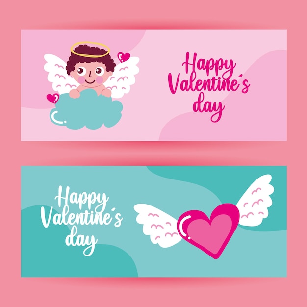 Valentine day banners with angel and flying heart.