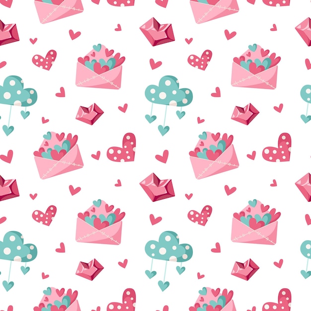 Valentine day cartoon seamless pattern - cute valentine letter, cloud and heart, nursery endless digital paper in pink and peppermint color, background for textile, scrapbooking, wrapping paper