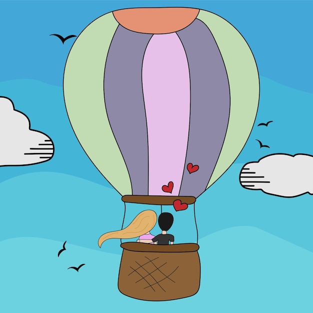 Valentine day concept illustration Couple flying in big air baloon Man woman in love hugs Romantic travel trip Blue sky background with fluffy clouds Vector design illustration