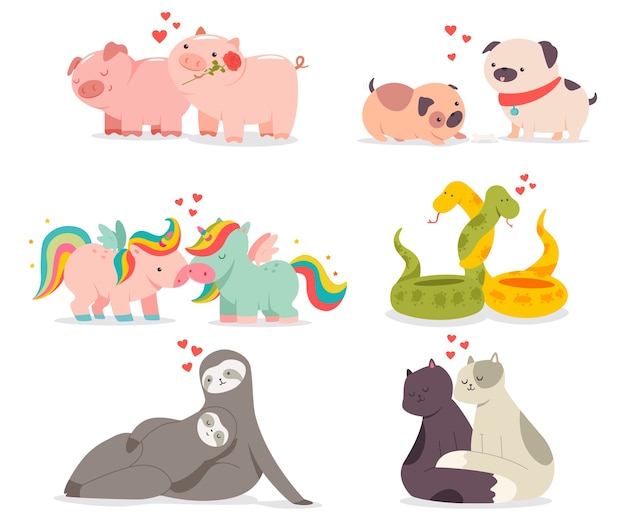 Valentine day concept illustration with cute animals in love cartoon characters set