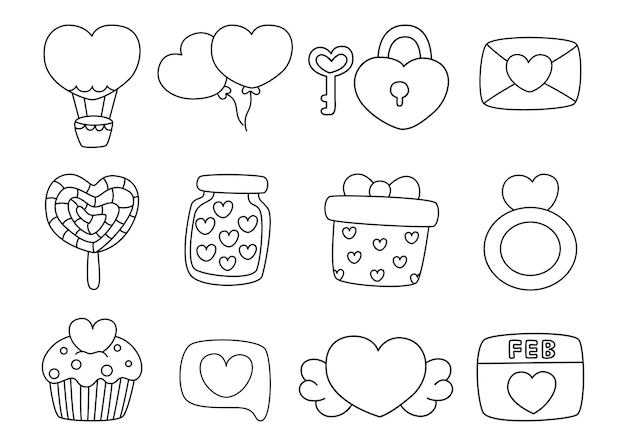 Valentine day icons set black and white line isolated on white background