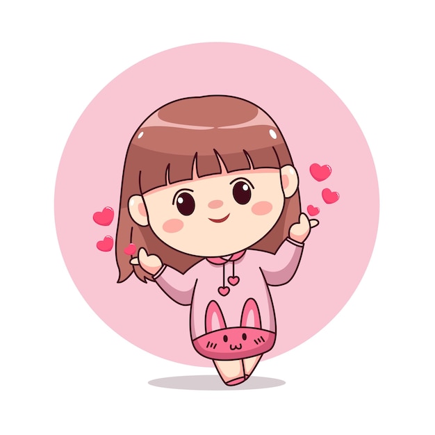 Valentine day love sign happy cute and kawaii girl with pink hoodie bunny cartoon manga chibi