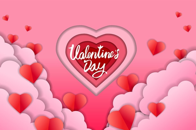 Valentine day papercut craft design banner red pink hearts and clouds Template background