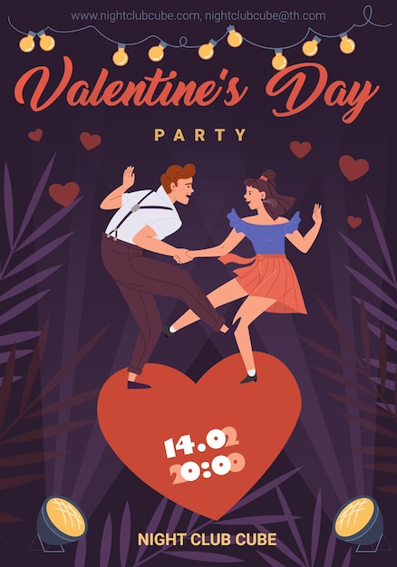 Valentine Day party poster with cartoon flat characters in love