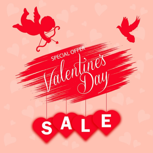 Valentine Day sale banner.Cute Design Template with Hearts,dove and Cupid Holding bow and arrow.