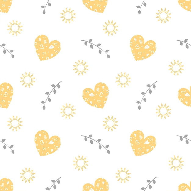 Valentine day seamless pattern with hearts, leaves and sun