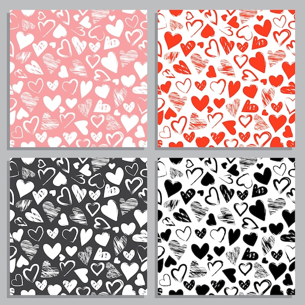 Valentine day set of seamless patterns and decorative elements. Festive ornaments on white background with heart for a princess party, wedding. Vector flat illustration