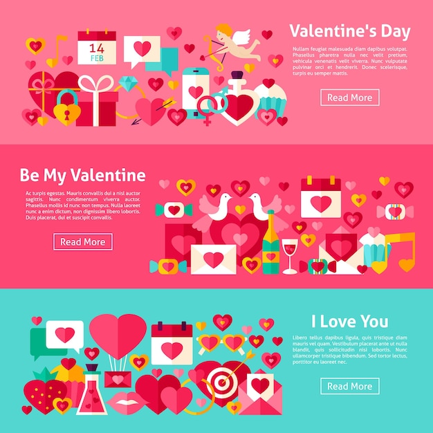 Valentine Day Web Horizontal Banners. Flat Style Vector Illustration for Website Header. Love Objects.