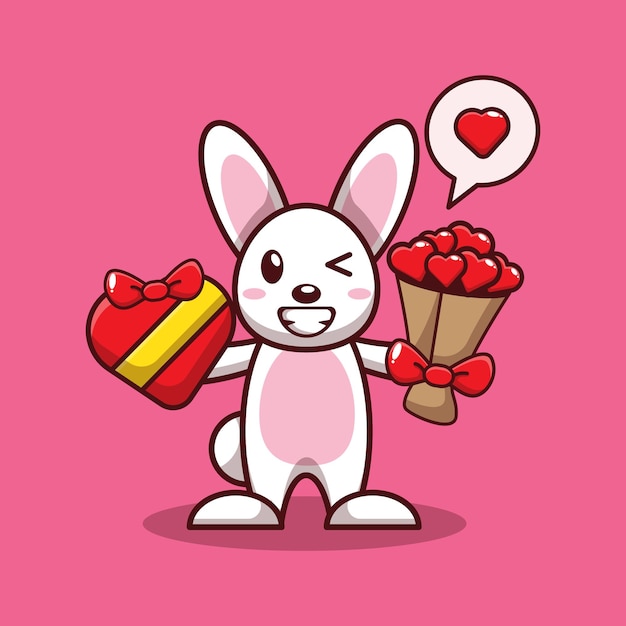 valentine design of cute bunny holding valentine gift and love flower bouquet