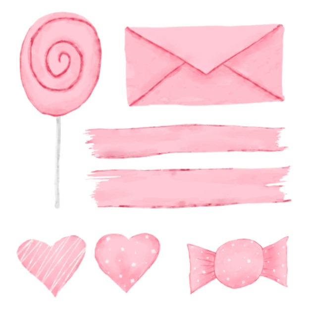 Valentine elements in watercolor style containing letters brushes love candy and others