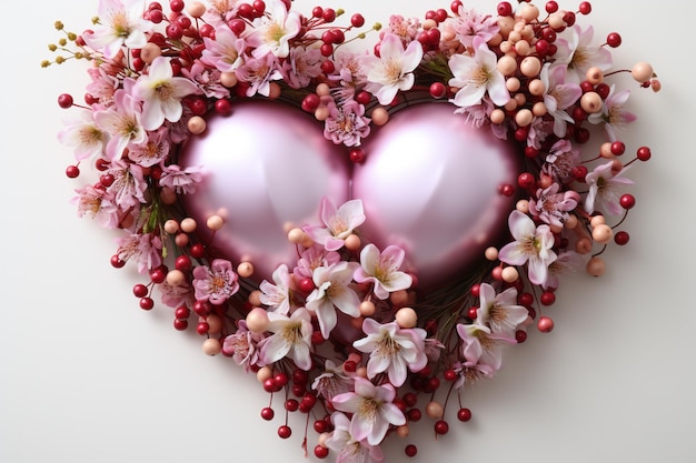 Valentine heart Floral heart with flowers herbs and leaves Watercolor Heart made of pink flowers and